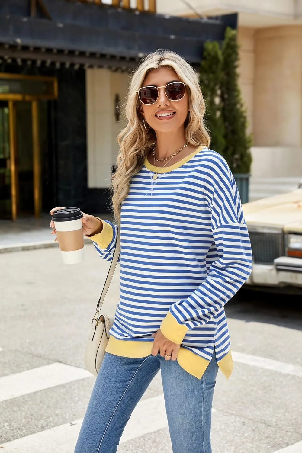 Fashionme 2025 Womens Striped Color Block Tunic Tops Side Slits Spring Long Sleeve T-shirts Sweatshirt Crewneck Loose Trendy