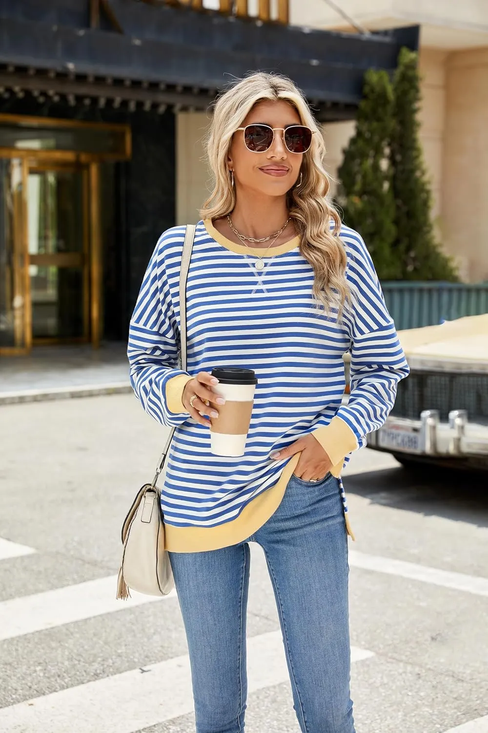Fashionme 2025 Womens Striped Color Block Tunic Tops Side Slits Spring Long Sleeve T-shirts Sweatshirt Crewneck Loose Trendy