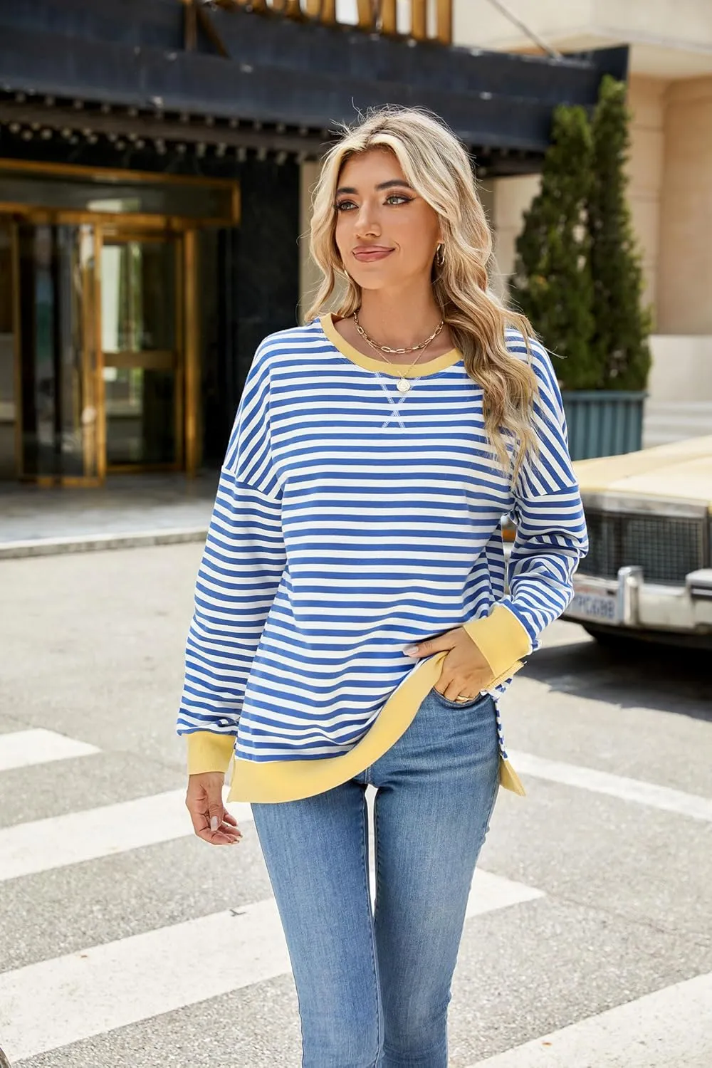Fashionme 2025 Womens Striped Color Block Tunic Tops Side Slits Spring Long Sleeve T-shirts Sweatshirt Crewneck Loose Trendy