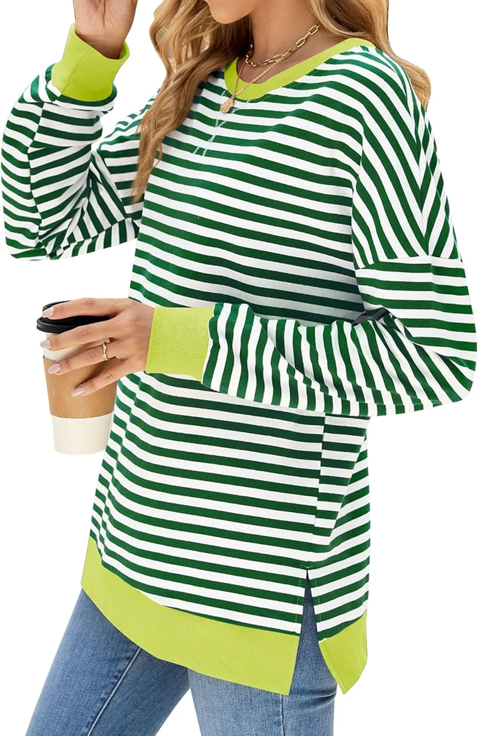 Fashionme 2025 Womens Striped Color Block Tunic Tops Side Slits Spring Long Sleeve T-shirts Sweatshirt Crewneck Loose Trendy