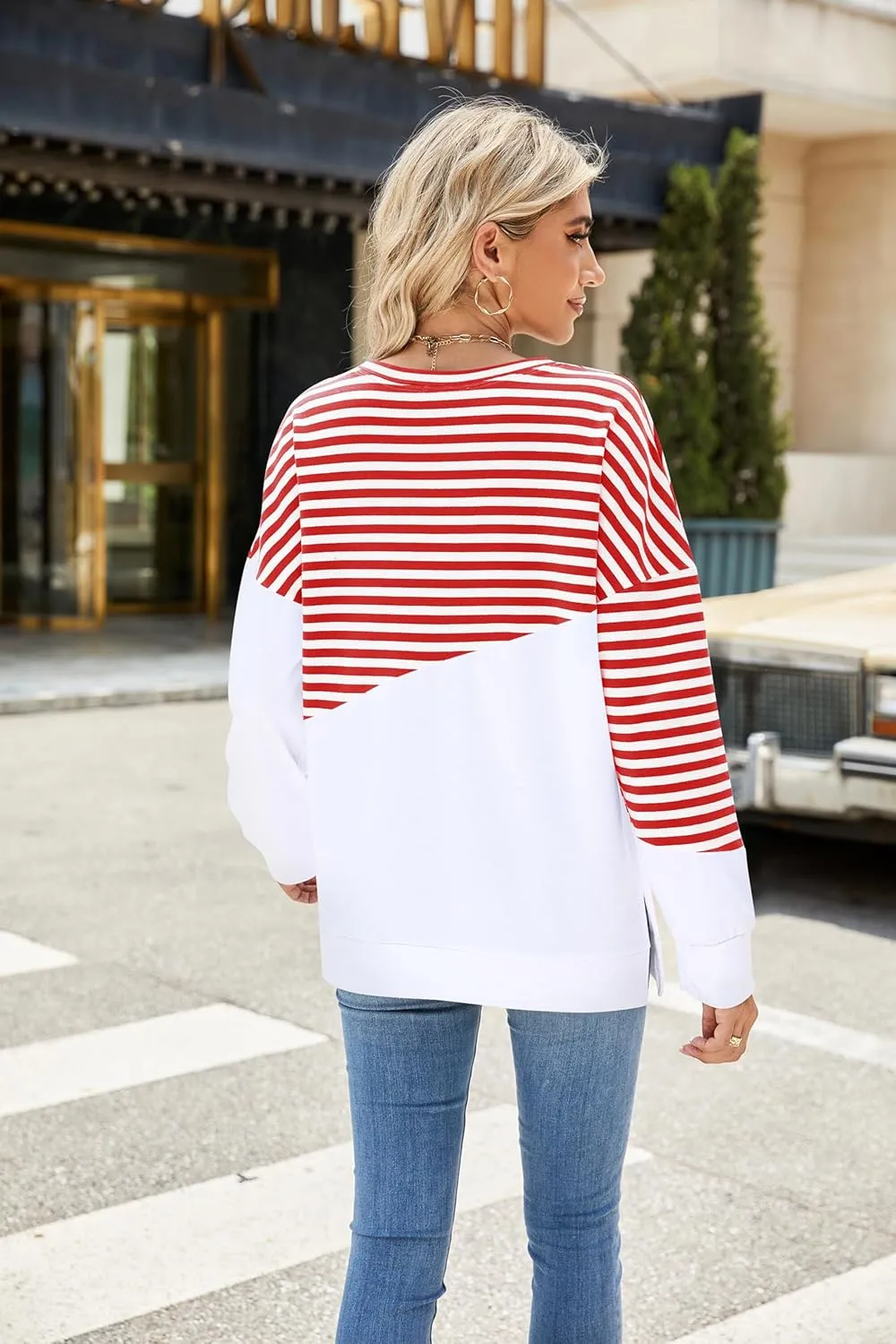 Fashionme 2025 Womens Striped Color Block Tunic Tops Side Slits Spring Long Sleeve T-shirts Sweatshirt Crewneck Loose Trendy