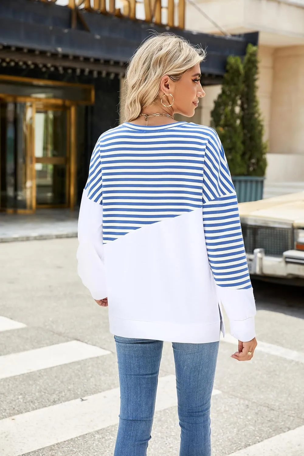 Fashionme 2025 Womens Striped Color Block Tunic Tops Side Slits Spring Long Sleeve T-shirts Sweatshirt Crewneck Loose Trendy