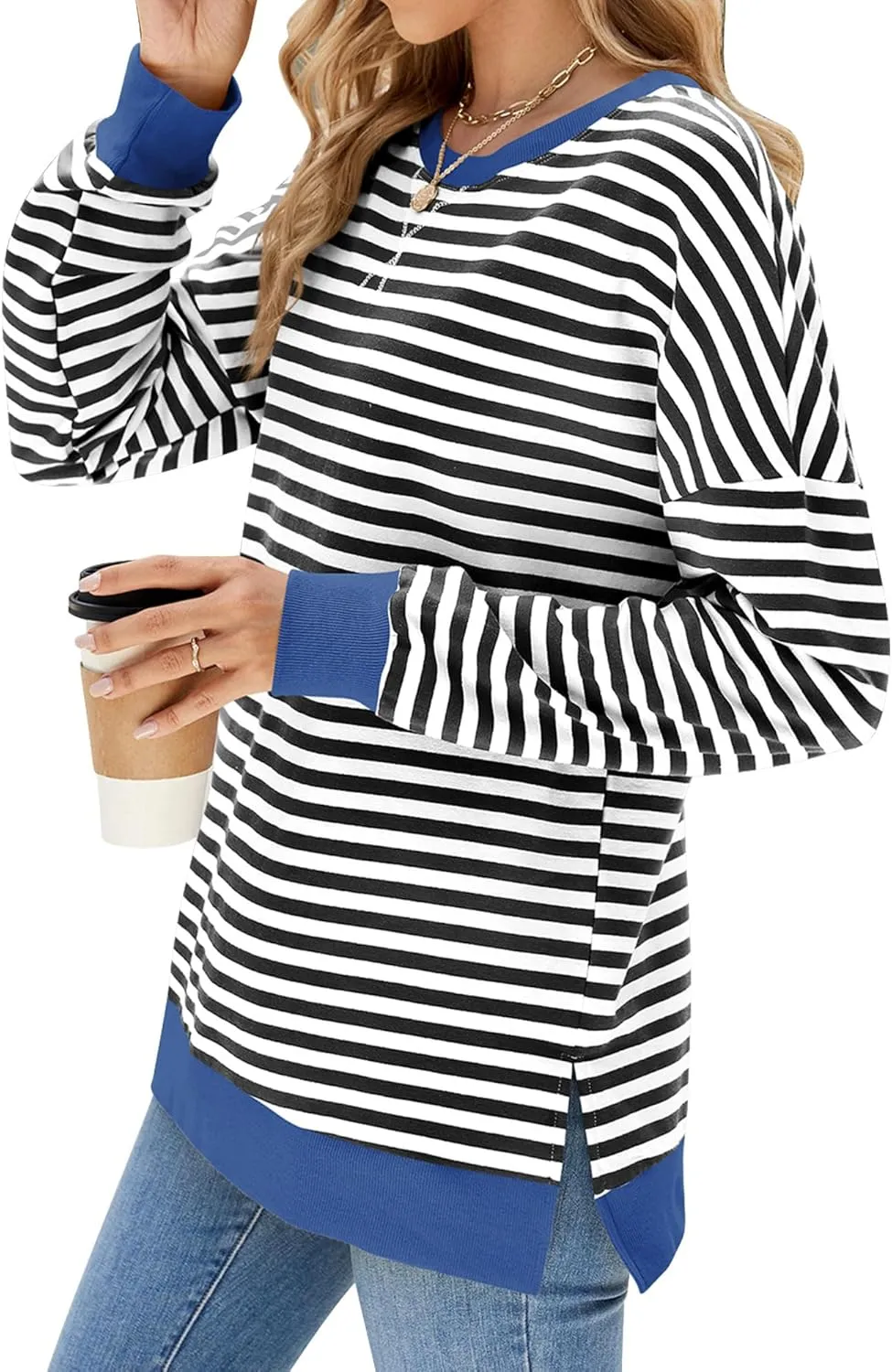 Fashionme 2025 Womens Striped Color Block Tunic Tops Side Slits Spring Long Sleeve T-shirts Sweatshirt Crewneck Loose Trendy