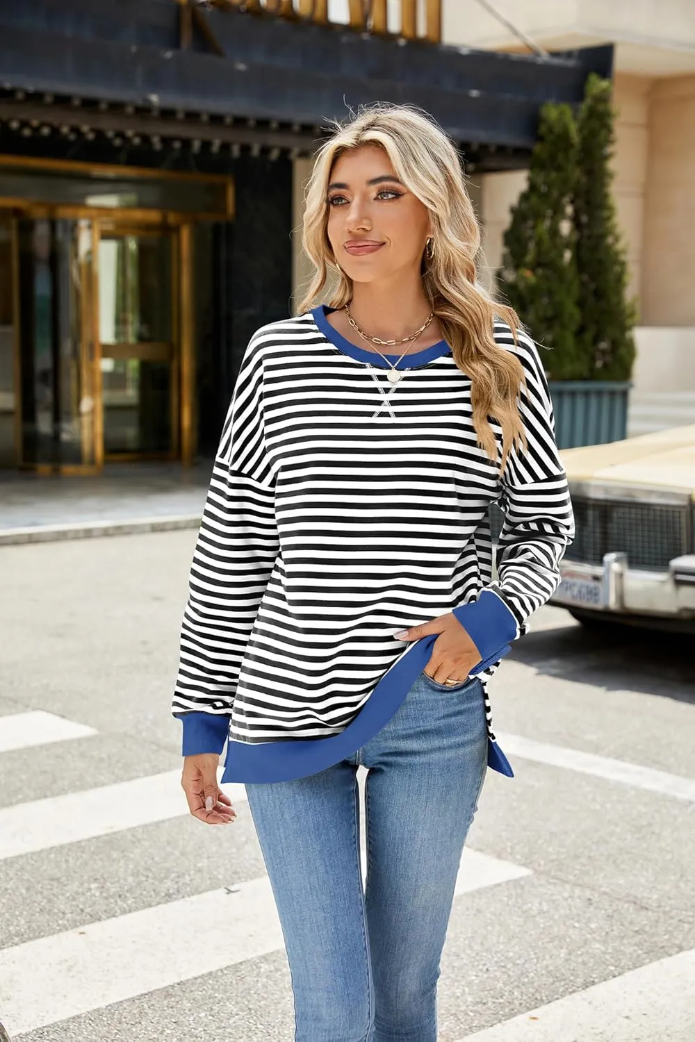 Fashionme 2025 Womens Striped Color Block Tunic Tops Side Slits Spring Long Sleeve T-shirts Sweatshirt Crewneck Loose Trendy