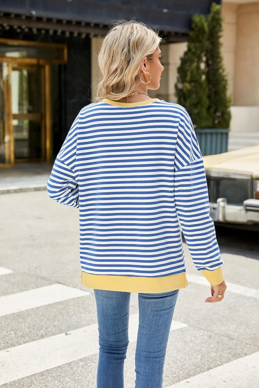 Fashionme 2025 Womens Striped Color Block Tunic Tops Side Slits Spring Long Sleeve T-shirts Sweatshirt Crewneck Loose Trendy