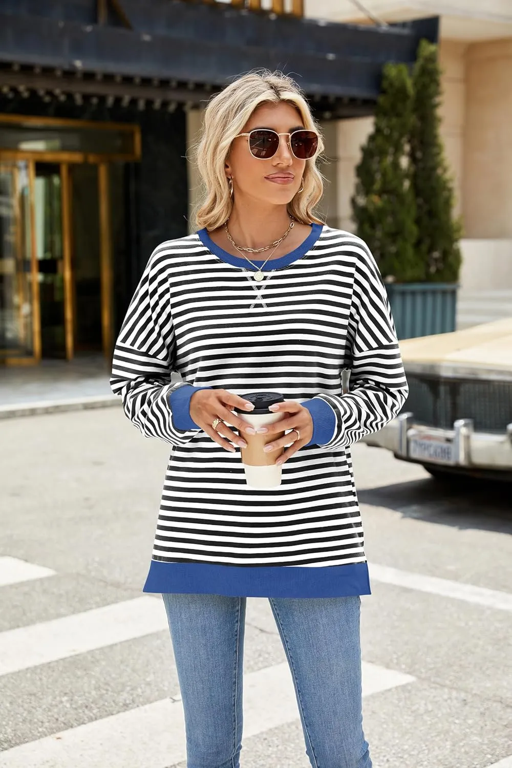 Fashionme 2025 Womens Striped Color Block Tunic Tops Side Slits Spring Long Sleeve T-shirts Sweatshirt Crewneck Loose Trendy