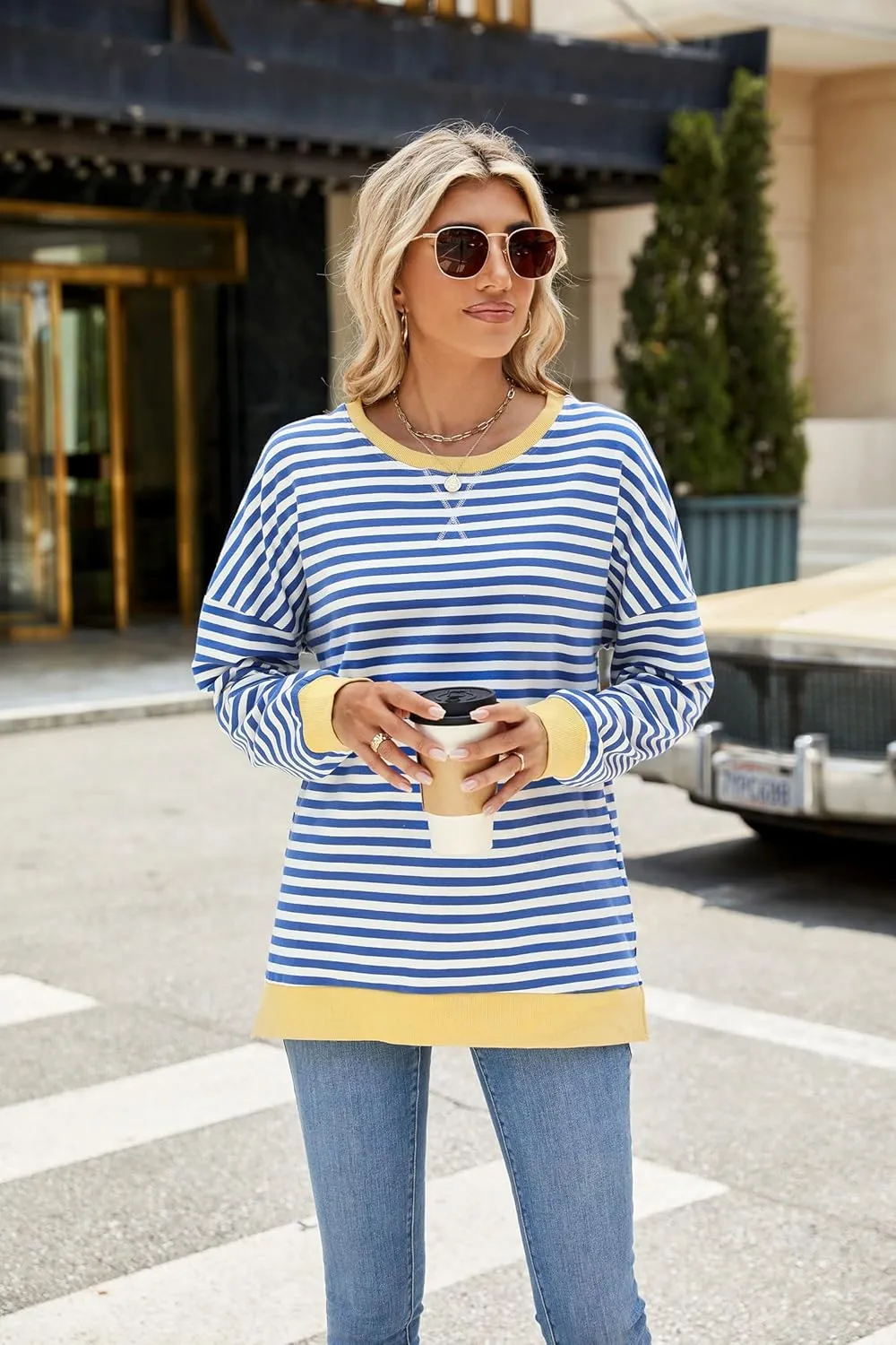 Fashionme 2025 Womens Striped Color Block Tunic Tops Side Slits Spring Long Sleeve T-shirts Sweatshirt Crewneck Loose Trendy