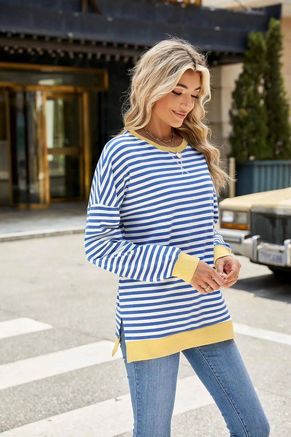 Fashionme 2025 Womens Striped Color Block Tunic Tops Side Slits Spring Long Sleeve T-shirts Sweatshirt Crewneck Loose Trendy