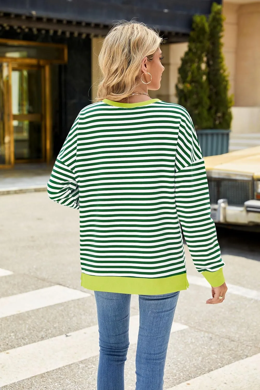 Fashionme 2025 Womens Striped Color Block Tunic Tops Side Slits Spring Long Sleeve T-shirts Sweatshirt Crewneck Loose Trendy