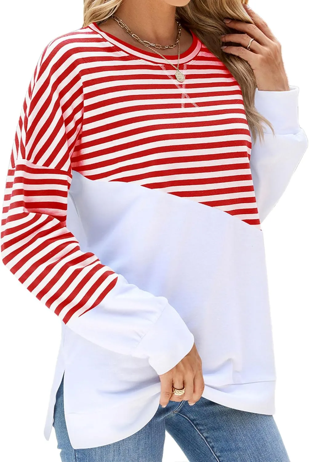 Fashionme 2025 Womens Striped Color Block Tunic Tops Side Slits Spring Long Sleeve T-shirts Sweatshirt Crewneck Loose Trendy
