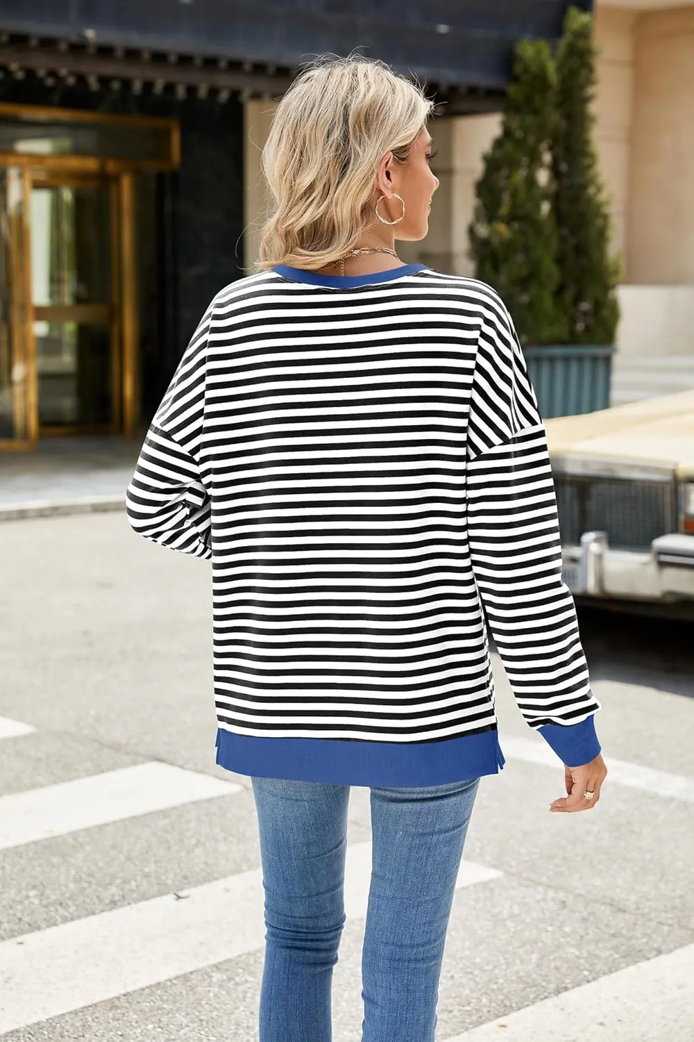 Fashionme 2025 Womens Striped Color Block Tunic Tops Side Slits Spring Long Sleeve T-shirts Sweatshirt Crewneck Loose Trendy