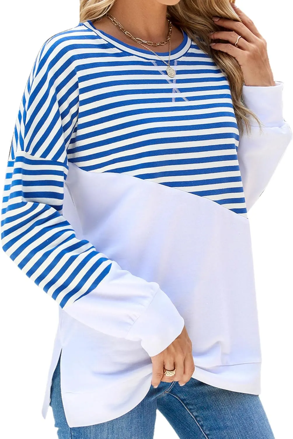 Fashionme 2025 Womens Striped Color Block Tunic Tops Side Slits Spring Long Sleeve T-shirts Sweatshirt Crewneck Loose Trendy