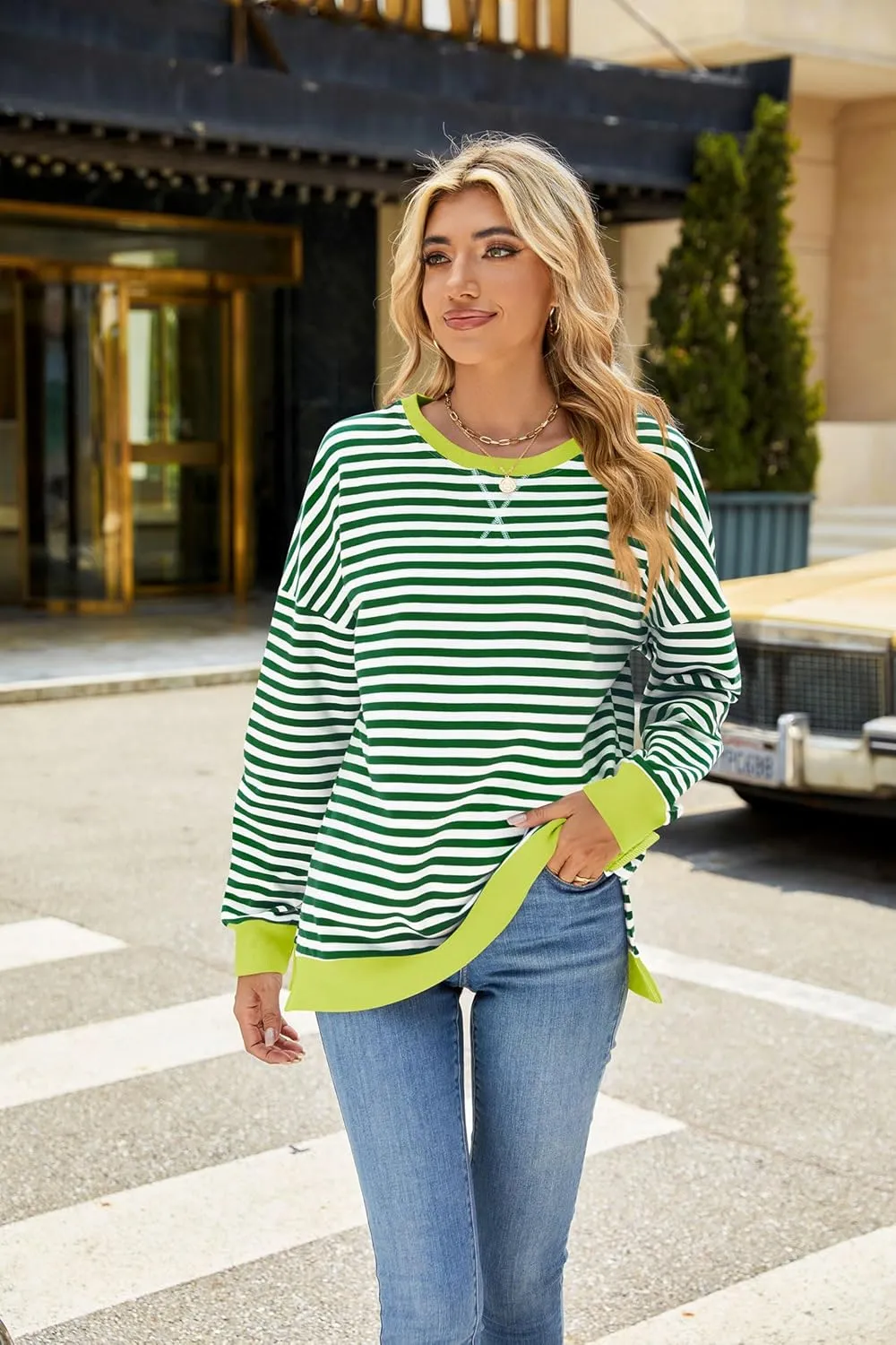 Fashionme 2025 Womens Striped Color Block Tunic Tops Side Slits Spring Long Sleeve T-shirts Sweatshirt Crewneck Loose Trendy