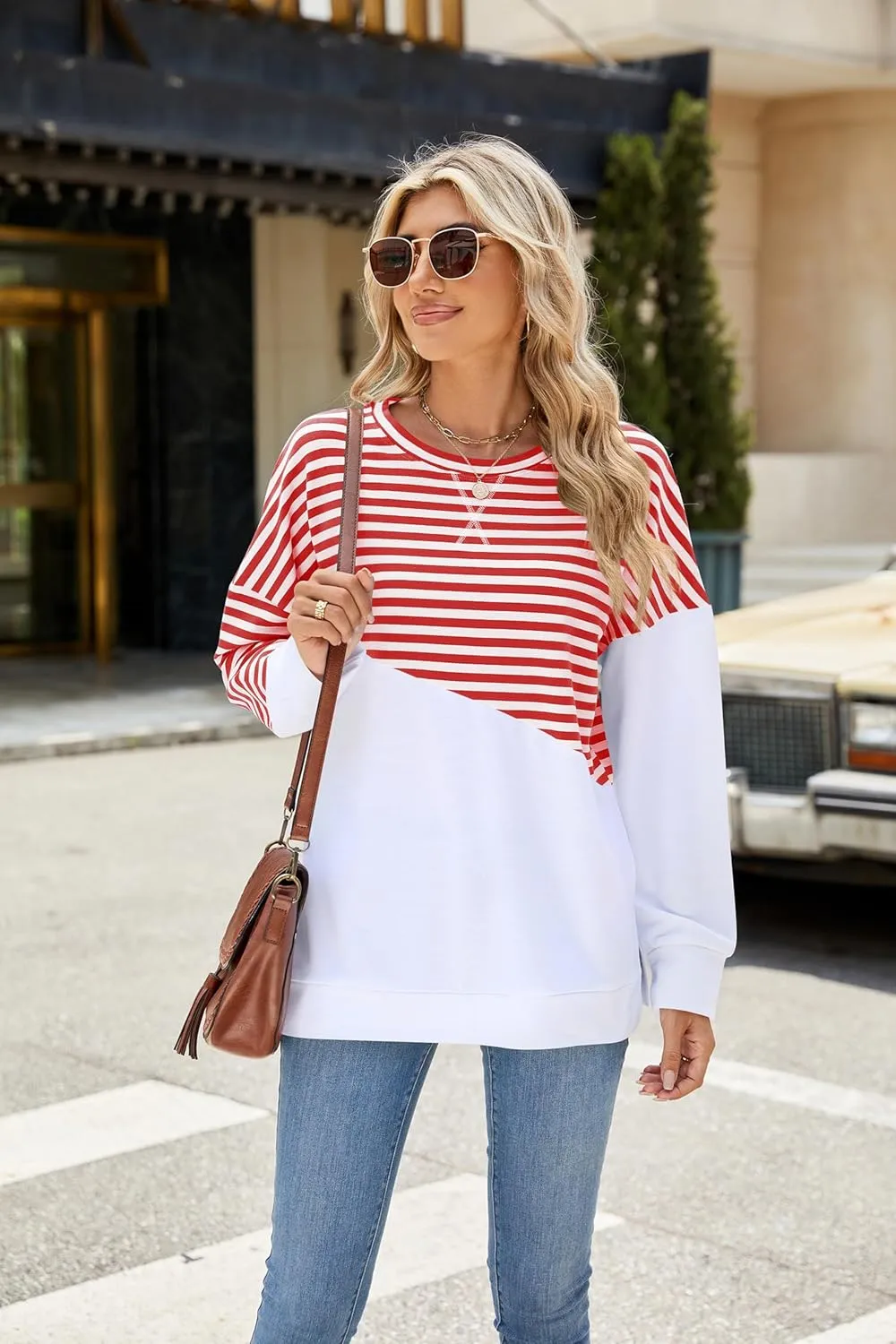 Fashionme 2025 Womens Striped Color Block Tunic Tops Side Slits Spring Long Sleeve T-shirts Sweatshirt Crewneck Loose Trendy