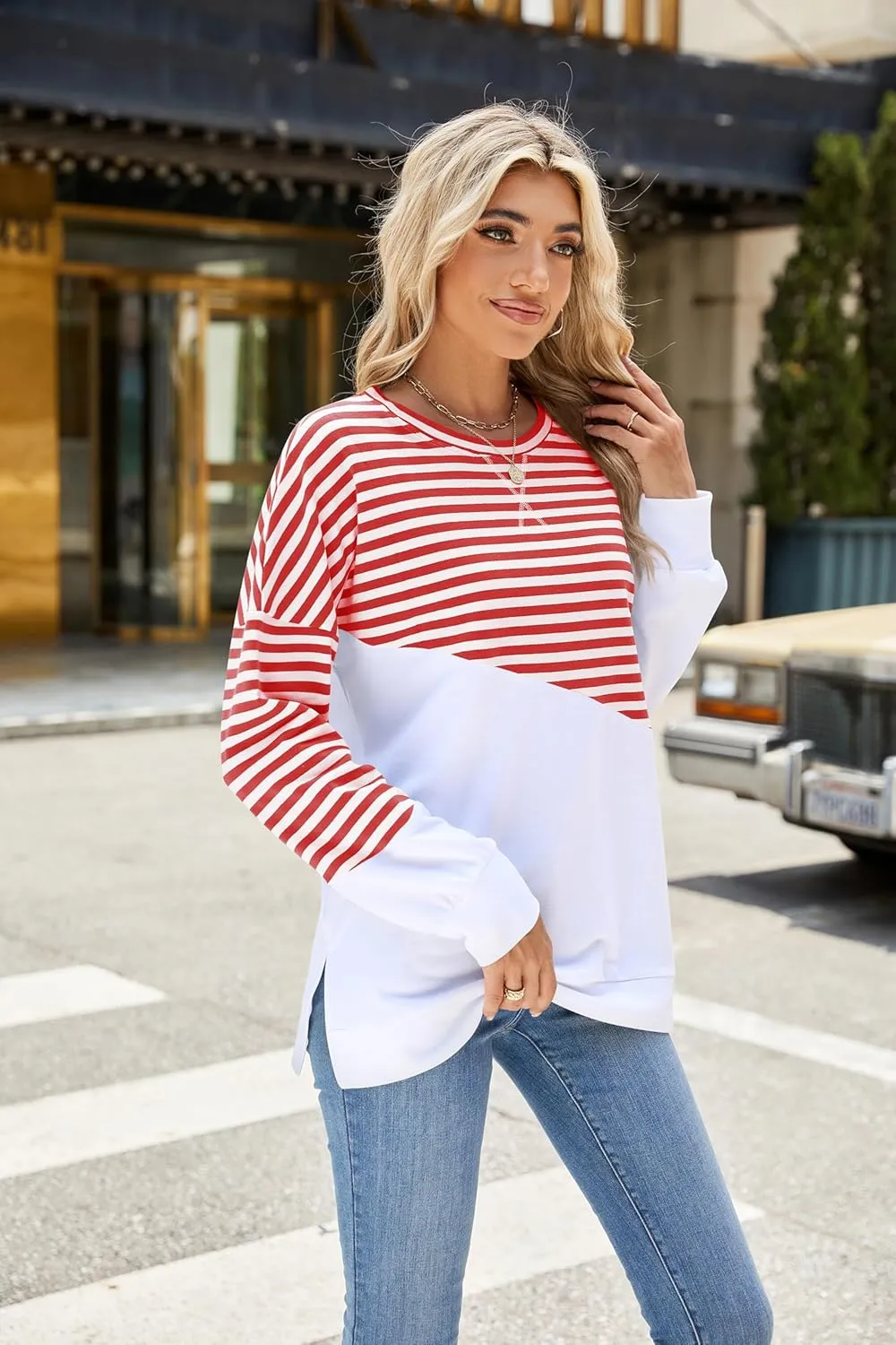 Fashionme 2025 Womens Striped Color Block Tunic Tops Side Slits Spring Long Sleeve T-shirts Sweatshirt Crewneck Loose Trendy