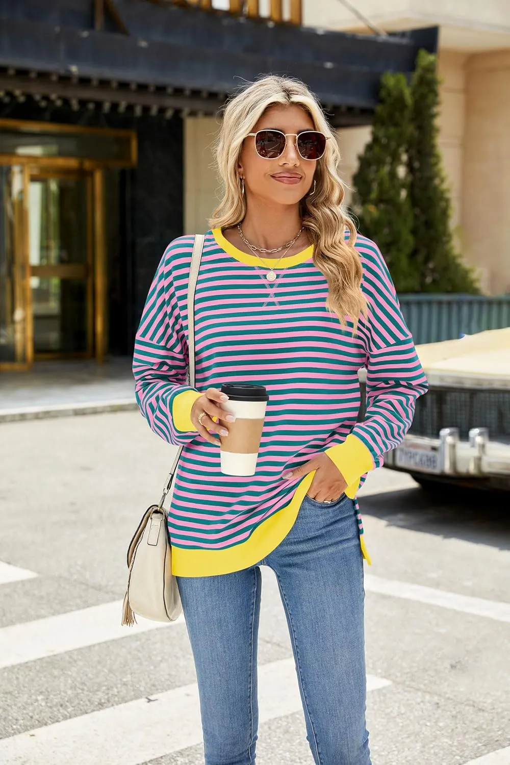 Fashionme 2025 Womens Striped Color Block Tunic Tops Side Slits Spring Long Sleeve T-shirts Sweatshirt Crewneck Loose Trendy