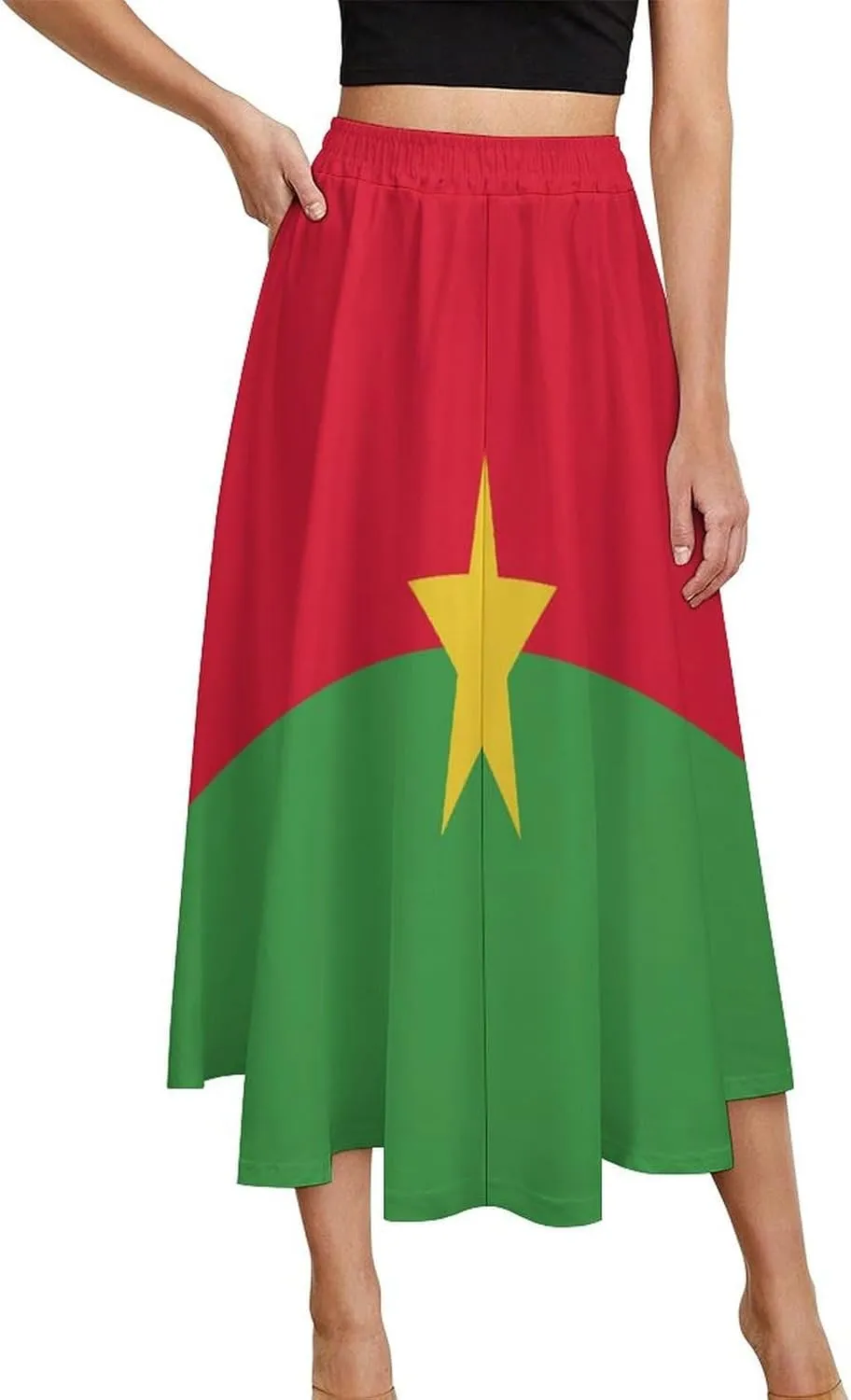 Fattyeery Womens Half Long Skirt Burkina Faso Flag Casual Pleated Plisse Hem Summer for Womens Midi Skirt Dress