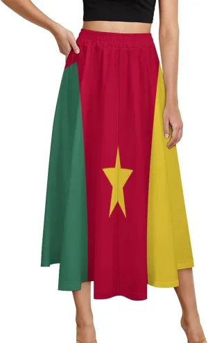 Fattyeery Womens Half Long Skirt Cameroon Flag Casual Pleated Plisse Hem Summer for Womens Midi Skirt Dress