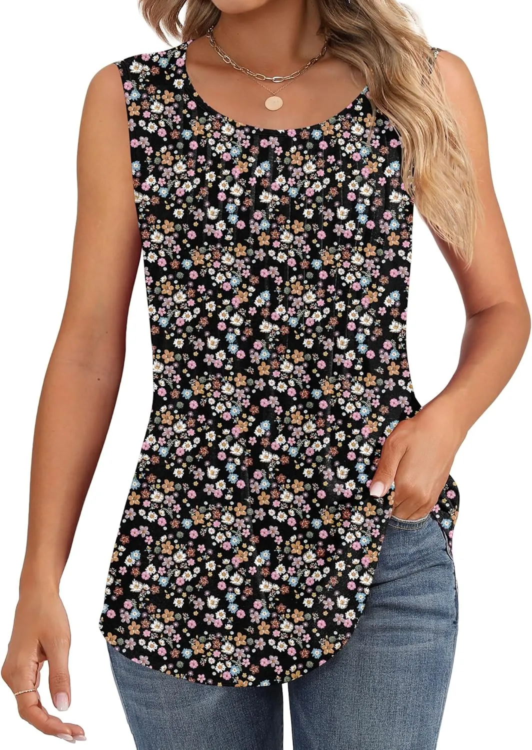 Ficerd Women's Tank Tops Sleeveless Tunic Pleated Crew Neck Blouses Summer Dressy Casual Loose Spring T Shirts
