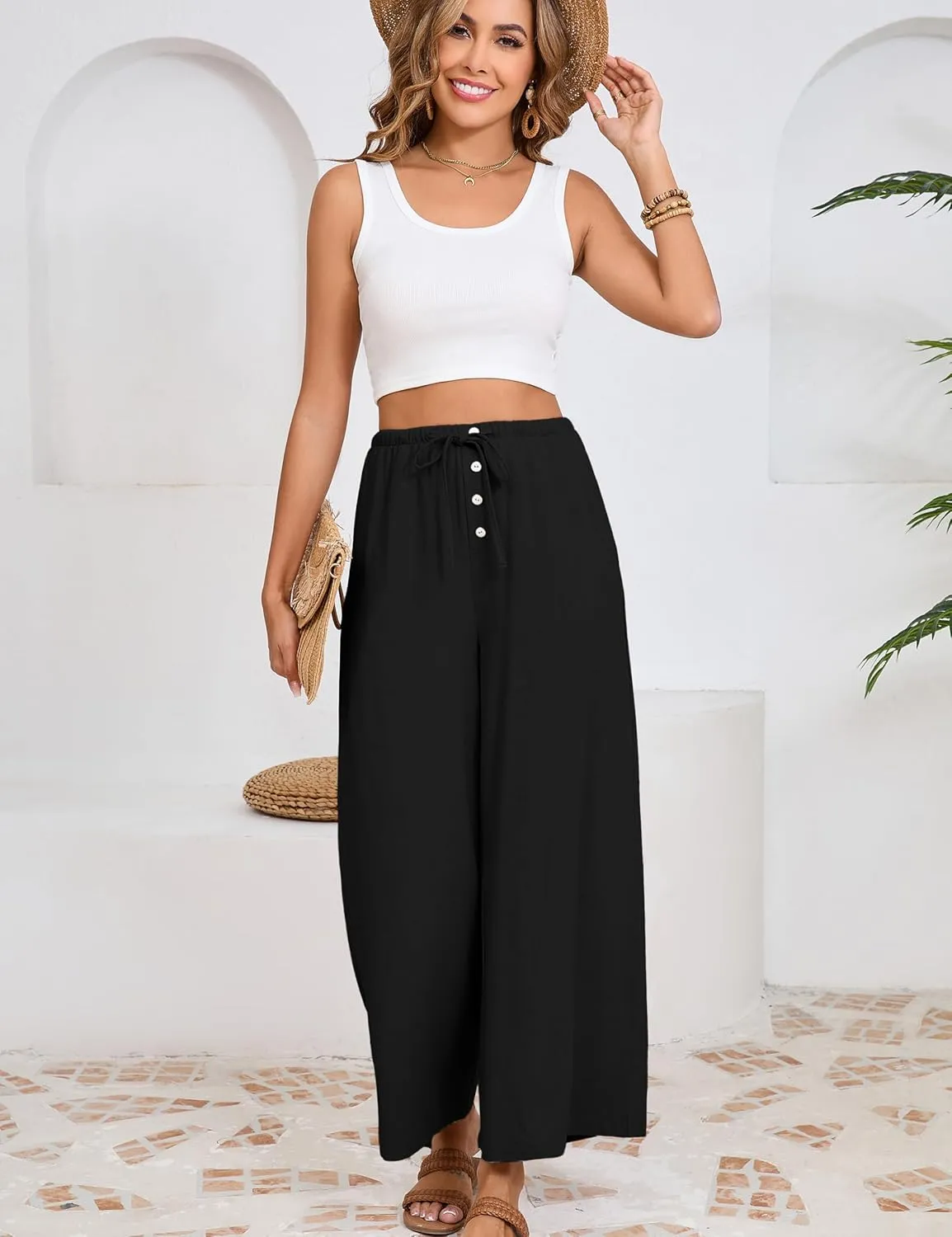 Fiona Jolin Womens Cotton Linen Pants Summer Casual Beach Pants Drawstring Flowy Wide Leg Palazzo Trousers with Pockets