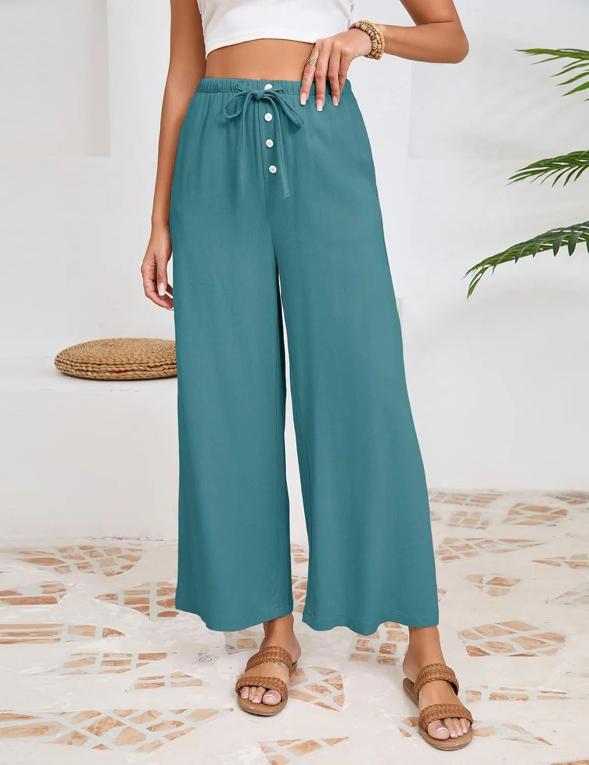 Fiona Jolin Womens Cotton Linen Pants Summer Casual Beach Pants Drawstring Flowy Wide Leg Palazzo Trousers with Pockets