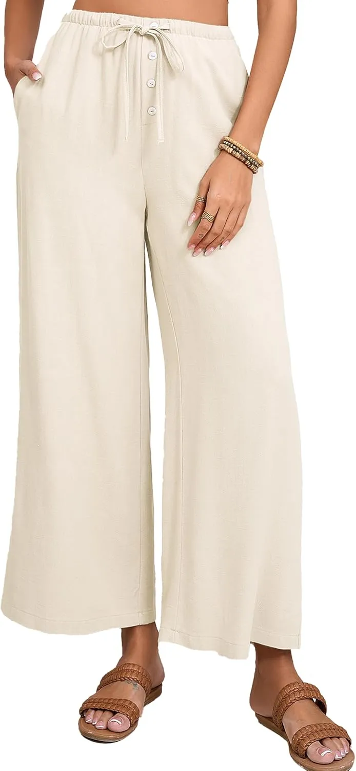 Fiona Jolin Womens Cotton Linen Pants Summer Casual Beach Pants Drawstring Flowy Wide Leg Palazzo Trousers with Pockets