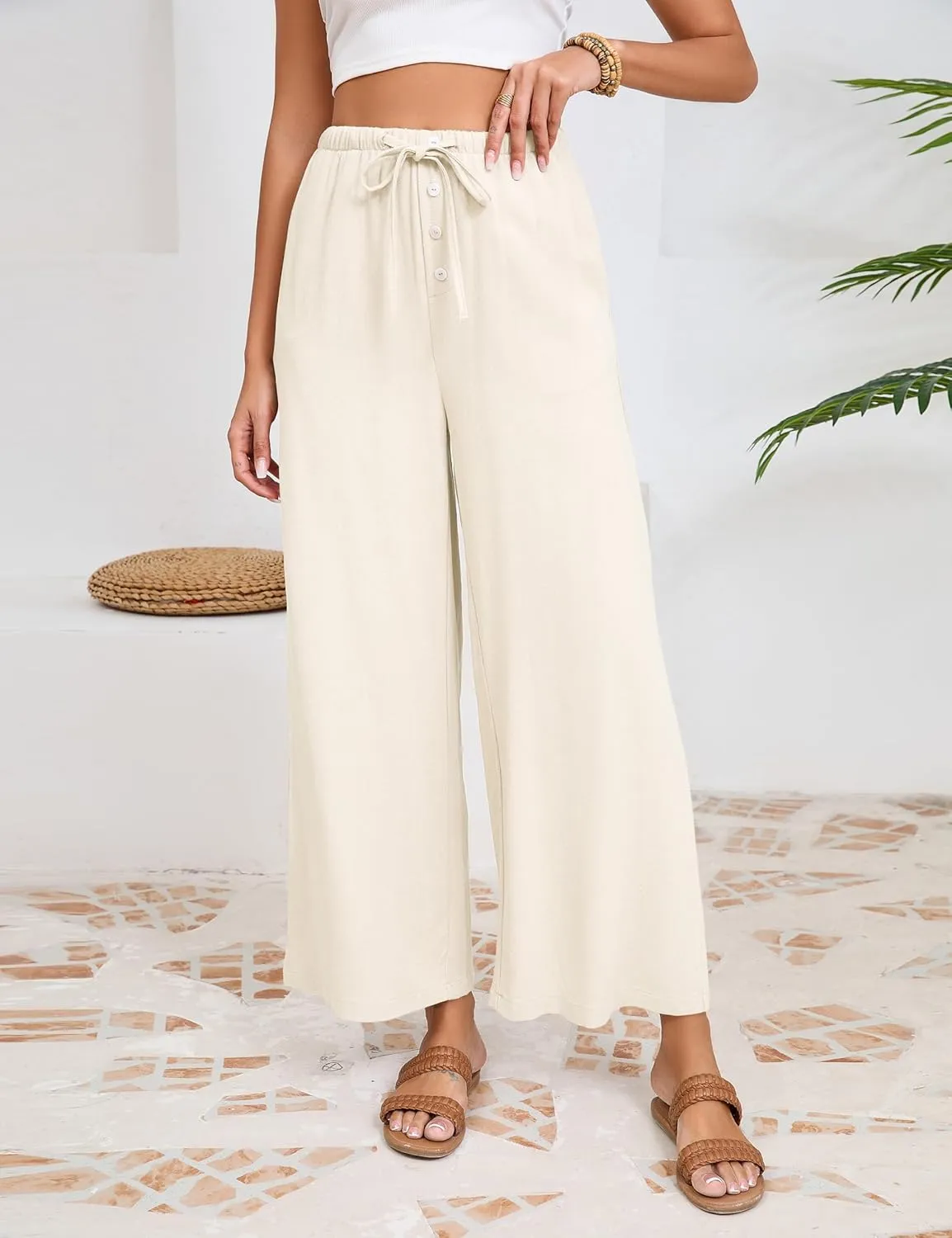 Fiona Jolin Womens Cotton Linen Pants Summer Casual Beach Pants Drawstring Flowy Wide Leg Palazzo Trousers with Pockets