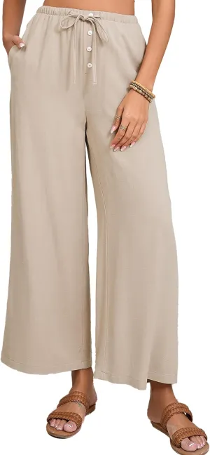 Fiona Jolin Womens Cotton Linen Pants Summer Casual Beach Pants Drawstring Flowy Wide Leg Palazzo Trousers with Pockets