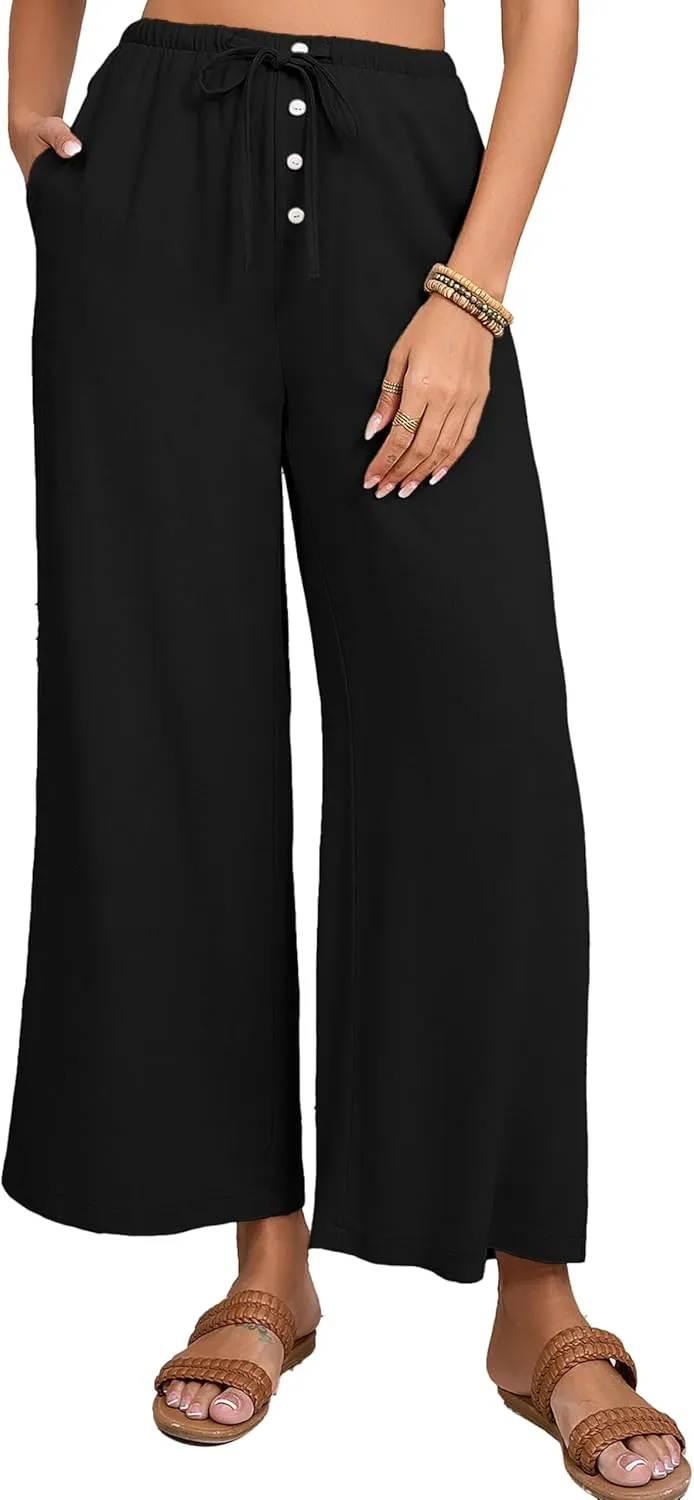 Fiona Jolin Womens Cotton Linen Pants Summer Casual Beach Pants Drawstring Flowy Wide Leg Palazzo Trousers with Pockets
