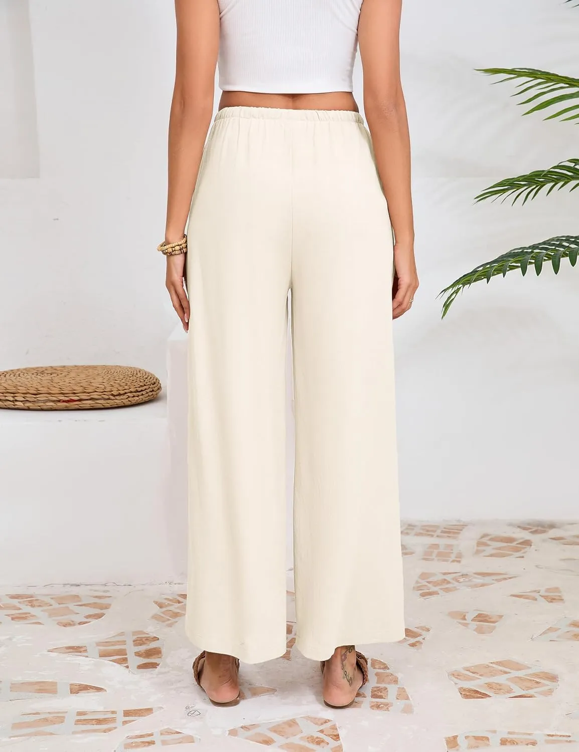 Fiona Jolin Womens Cotton Linen Pants Summer Casual Beach Pants Drawstring Flowy Wide Leg Palazzo Trousers with Pockets