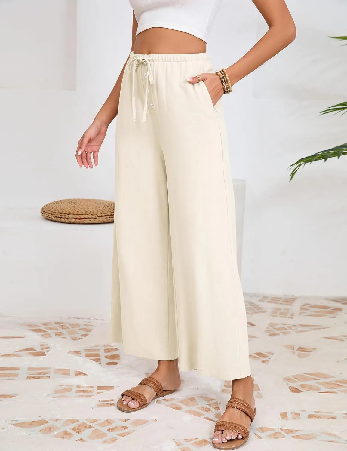 Fiona Jolin Womens Cotton Linen Pants Summer Casual Beach Pants Drawstring Flowy Wide Leg Palazzo Trousers with Pockets