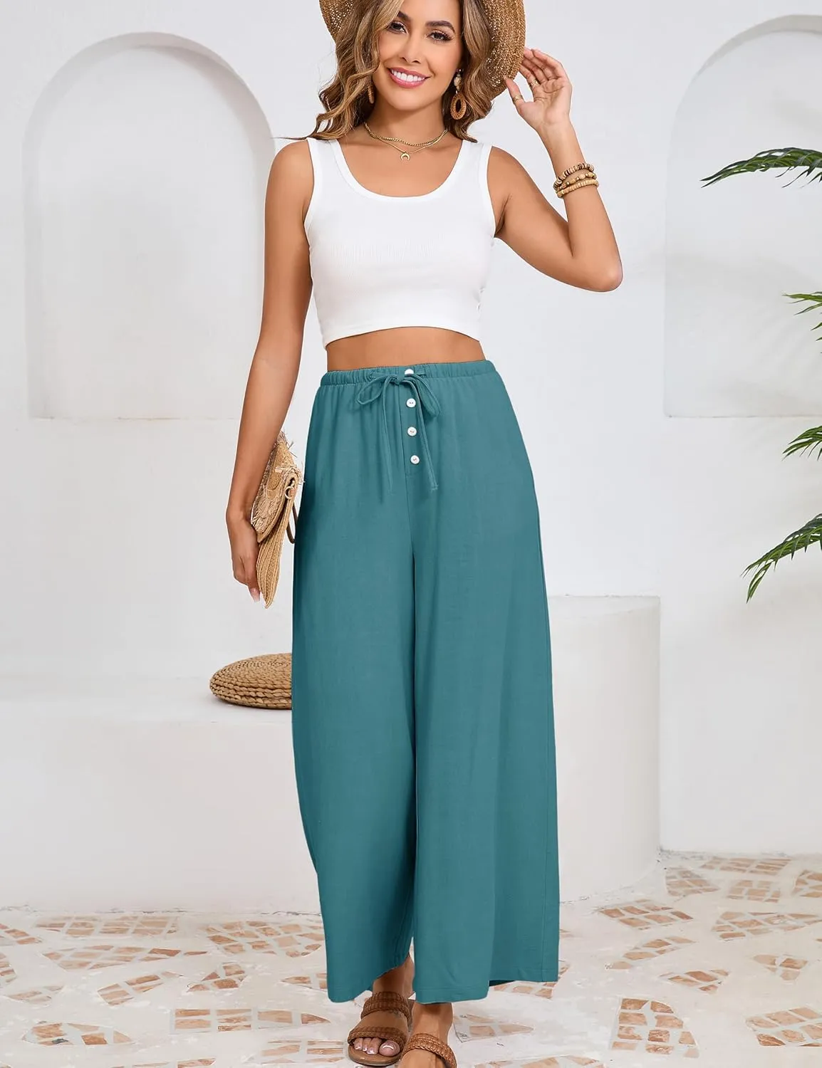 Fiona Jolin Womens Cotton Linen Pants Summer Casual Beach Pants Drawstring Flowy Wide Leg Palazzo Trousers with Pockets