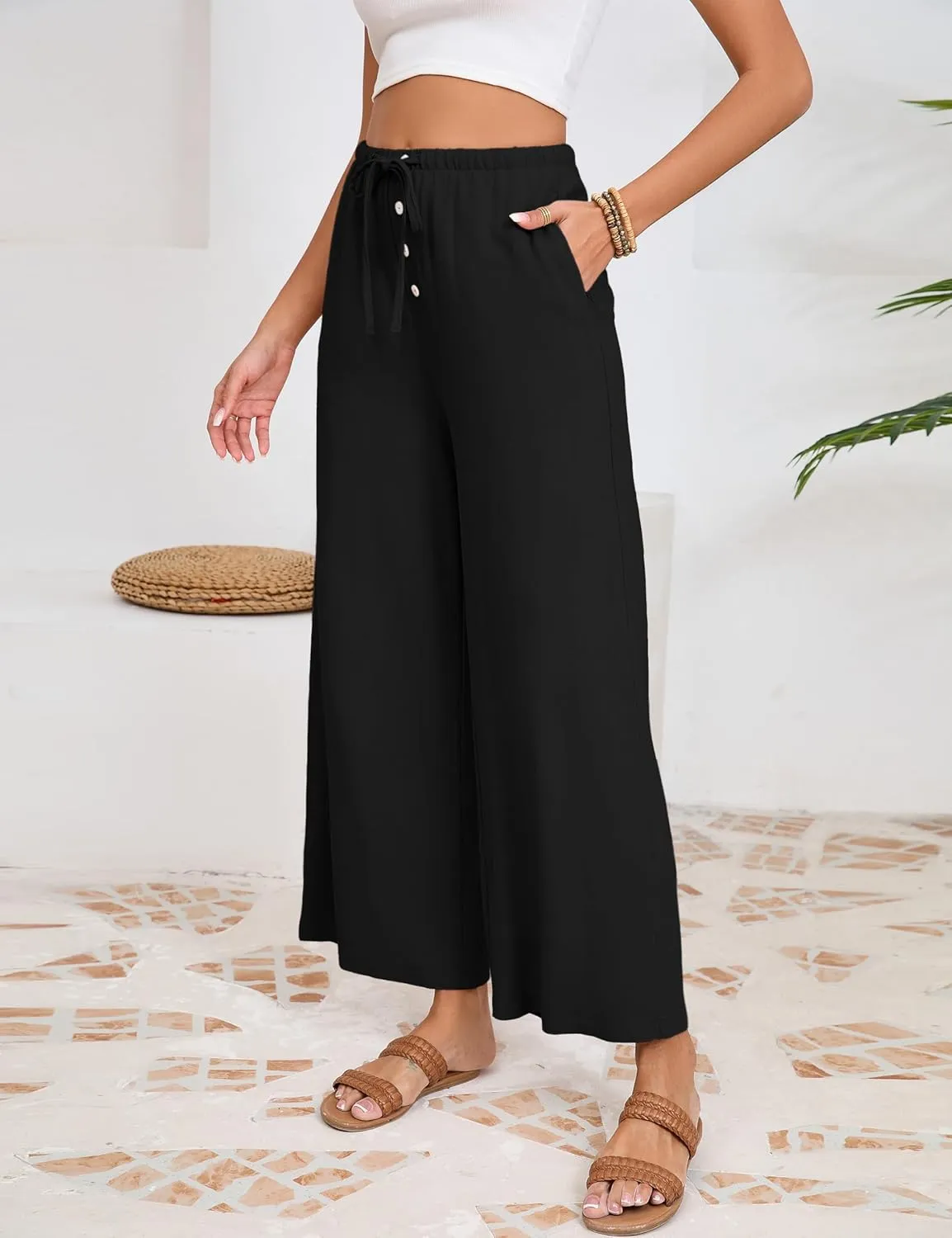 Fiona Jolin Womens Cotton Linen Pants Summer Casual Beach Pants Drawstring Flowy Wide Leg Palazzo Trousers with Pockets