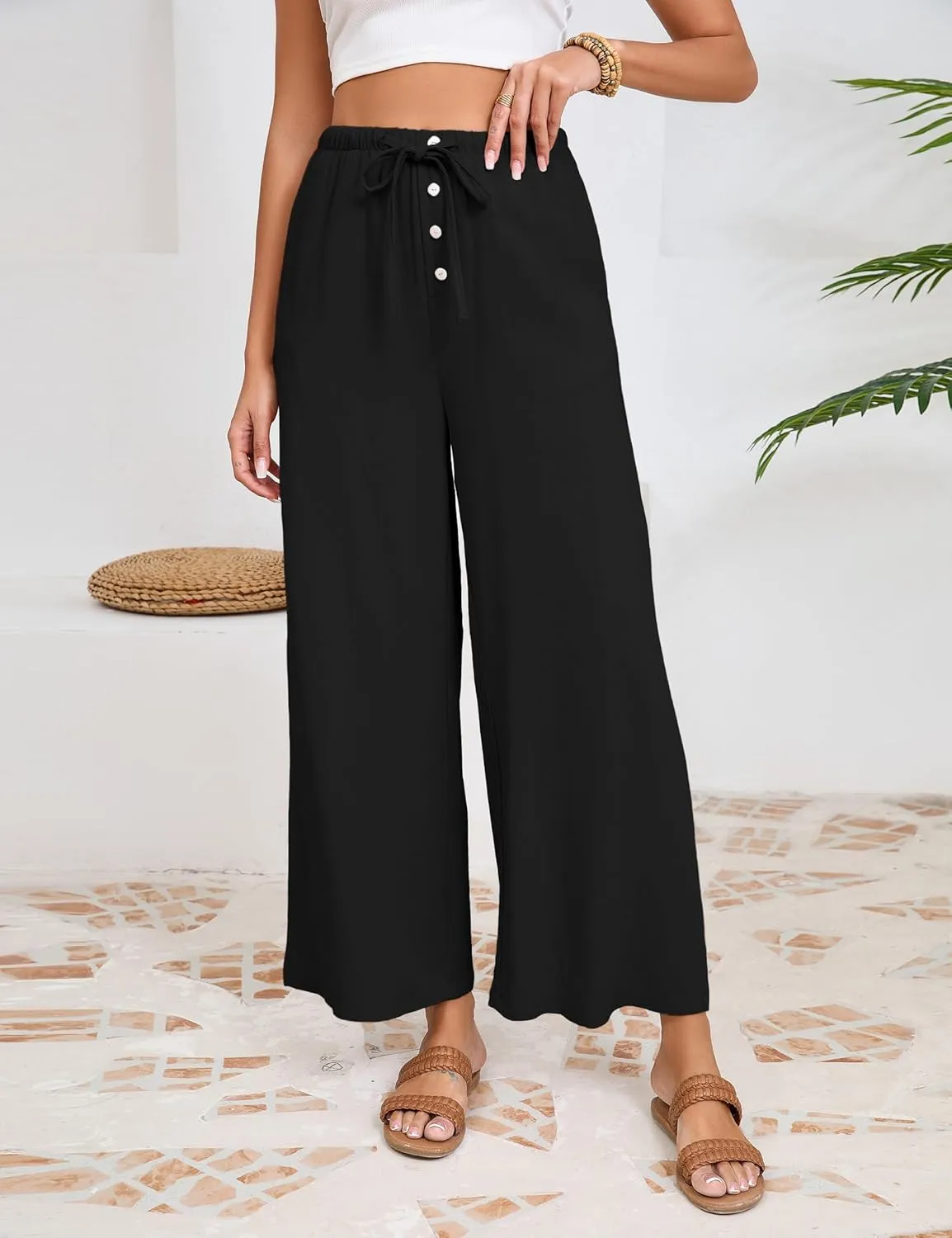 Fiona Jolin Womens Cotton Linen Pants Summer Casual Beach Pants Drawstring Flowy Wide Leg Palazzo Trousers with Pockets