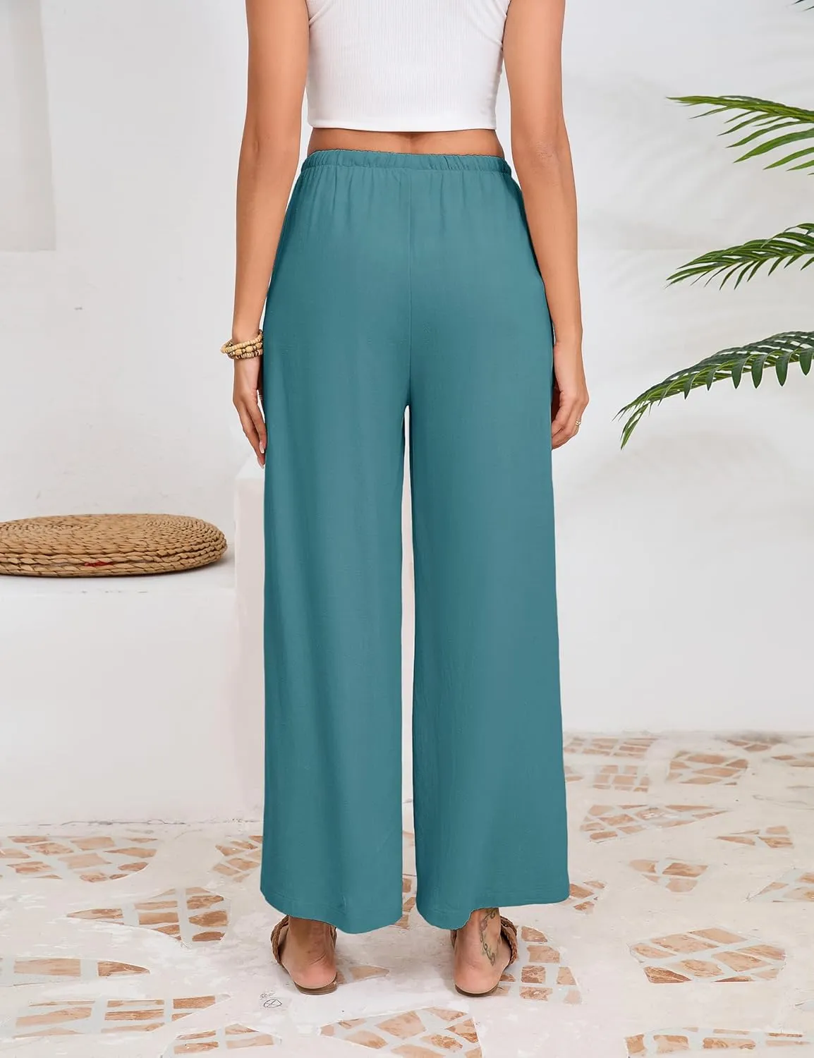 Fiona Jolin Womens Cotton Linen Pants Summer Casual Beach Pants Drawstring Flowy Wide Leg Palazzo Trousers with Pockets