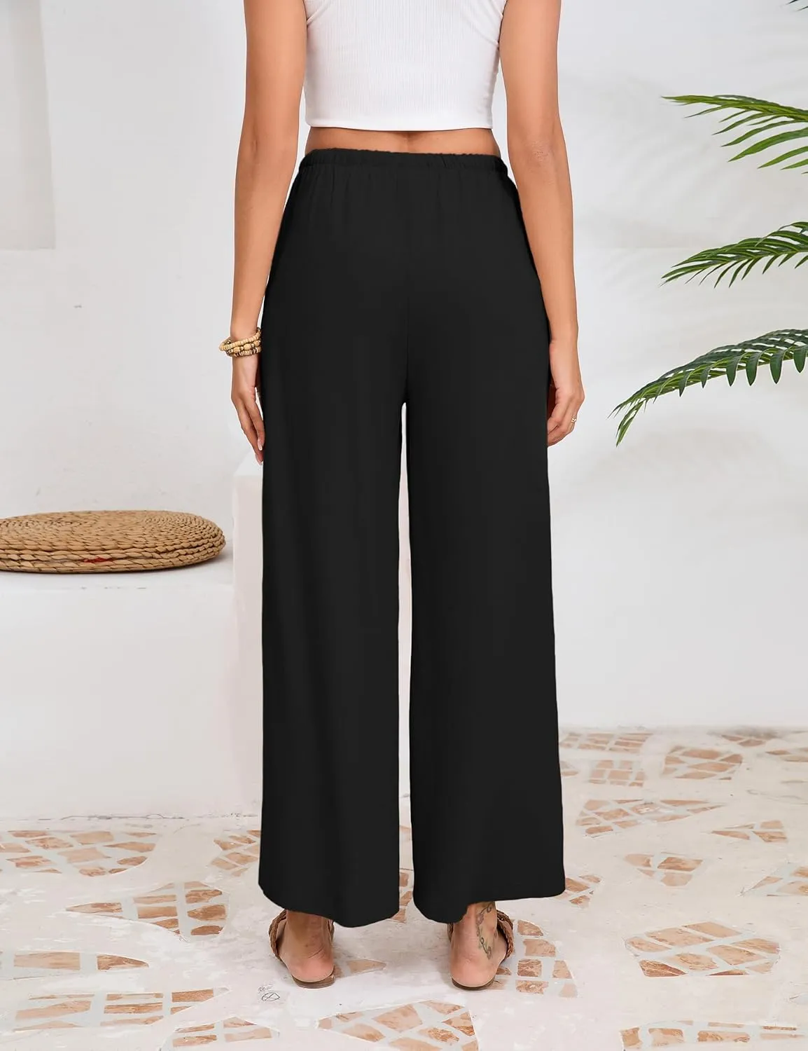 Fiona Jolin Womens Cotton Linen Pants Summer Casual Beach Pants Drawstring Flowy Wide Leg Palazzo Trousers with Pockets