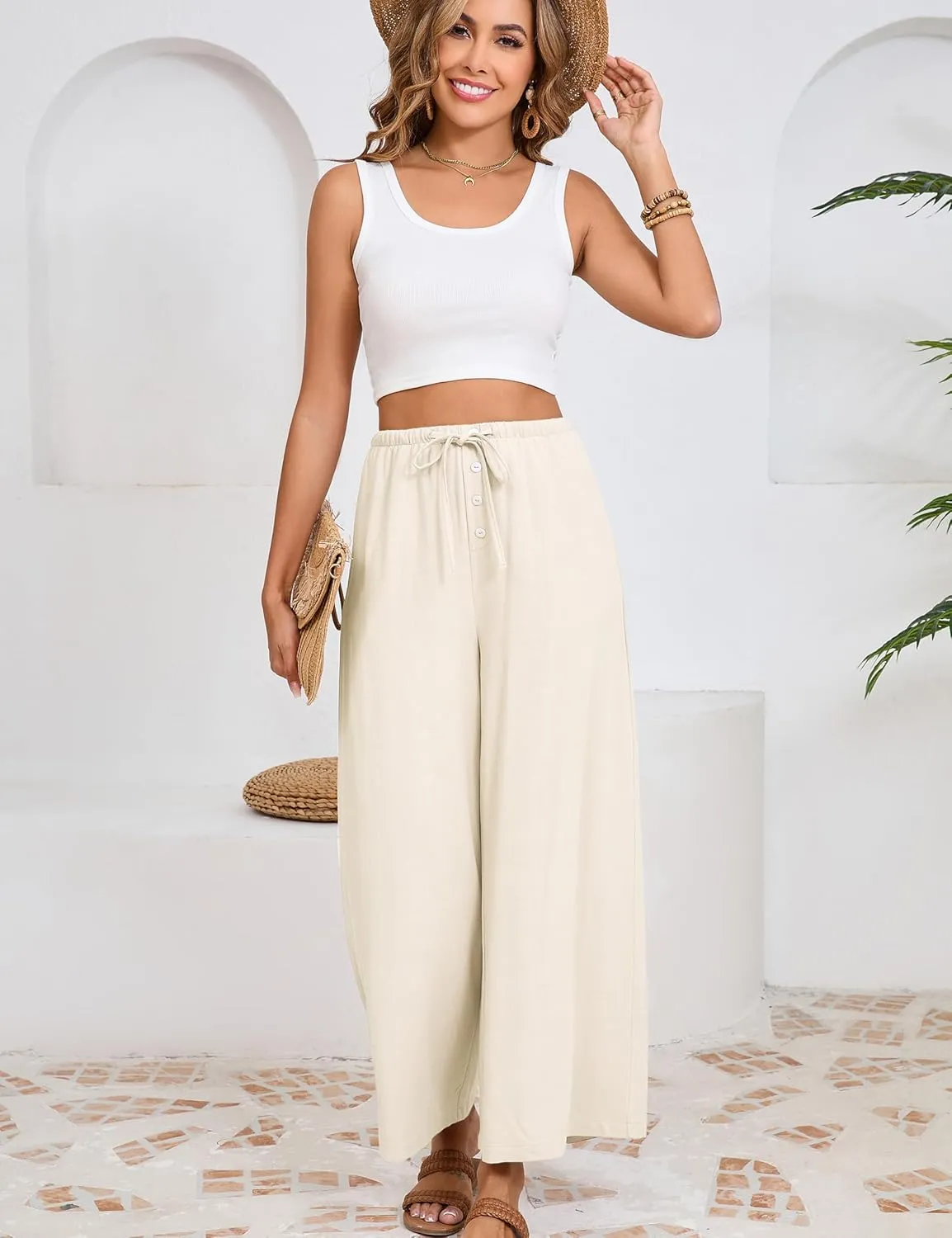 Fiona Jolin Womens Cotton Linen Pants Summer Casual Beach Pants Drawstring Flowy Wide Leg Palazzo Trousers with Pockets