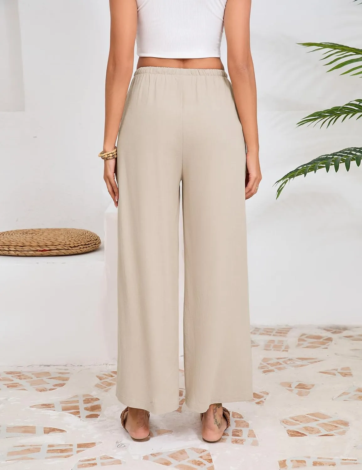 Fiona Jolin Womens Cotton Linen Pants Summer Casual Beach Pants Drawstring Flowy Wide Leg Palazzo Trousers with Pockets