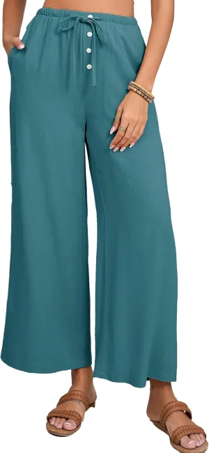 Fiona Jolin Womens Cotton Linen Pants Summer Casual Beach Pants Drawstring Flowy Wide Leg Palazzo Trousers with Pockets