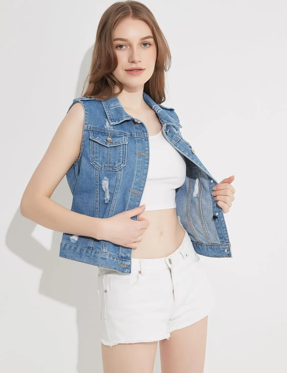 Fitted Denim Vest Cropped Sexy Cute Halter Jean Vest Top For Women lightweight With Pockets