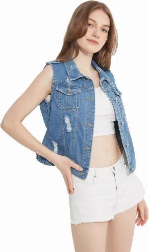 Fitted Denim Vest Cropped Sexy Cute Halter Jean Vest Top For Women lightweight With Pockets