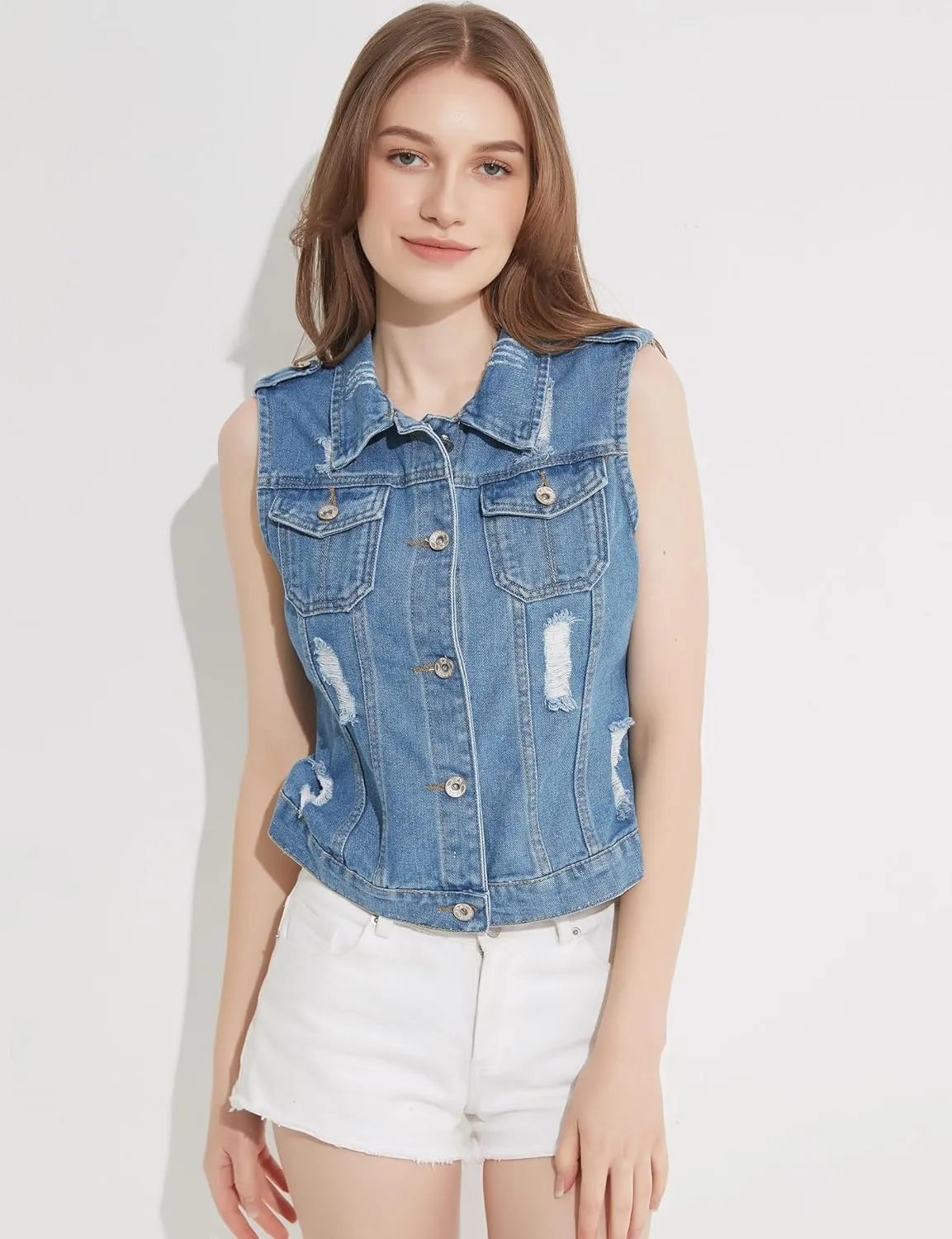 Fitted Denim Vest Cropped Sexy Cute Halter Jean Vest Top For Women lightweight With Pockets