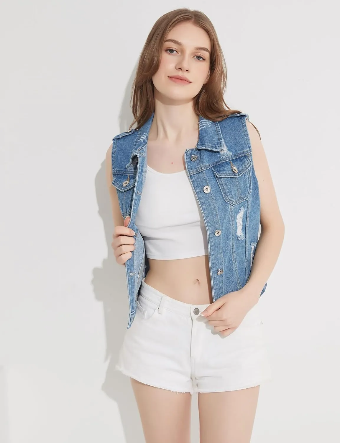 Fitted Denim Vest Cropped Sexy Cute Halter Jean Vest Top For Women lightweight With Pockets
