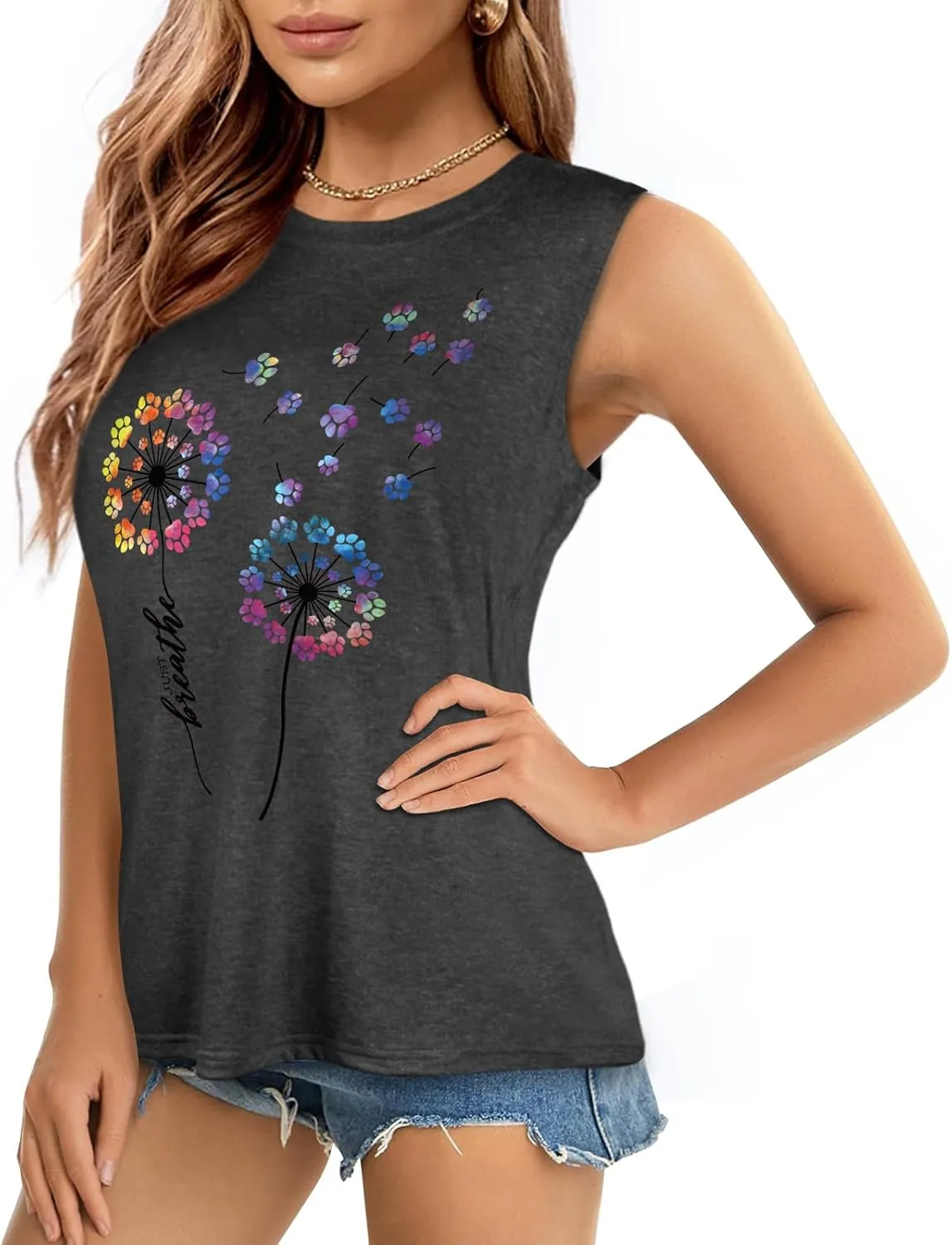 Flafens Tank Top for Women - Cute Womens Summer Graphic Cotton Sleeveless T Shirts Crewneck Tops Workout Gym Basic Tunic