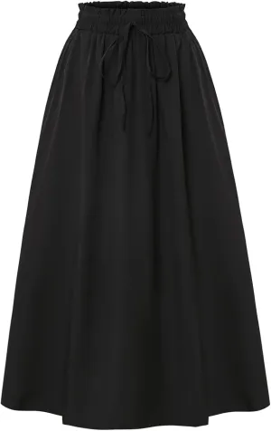 Floral Midi Skirt Boho Flowy Elastic High Waist A Line Skirt Bow Linen Flared Beach Long Skirts for Women with Pockets