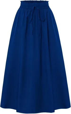 Floral Midi Skirt Boho Flowy Elastic High Waist A Line Skirt Bow Linen Flared Beach Long Skirts for Women with Pockets