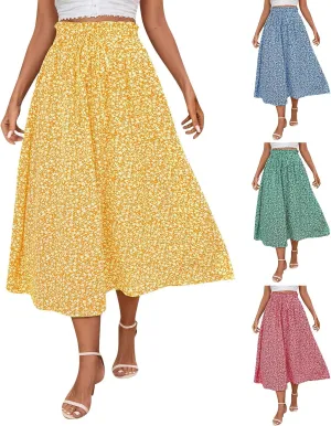 Floral Midi Skirt Boho Flowy Elastic High Waist A Line Skirt Bow Linen Flared Beach Long Skirts for Women with Pockets