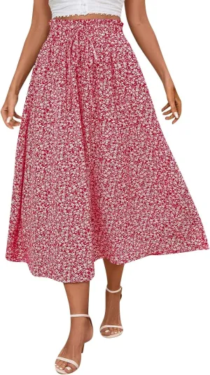Floral Midi Skirt Boho Flowy Elastic High Waist A Line Skirt Bow Linen Flared Beach Long Skirts for Women with Pockets
