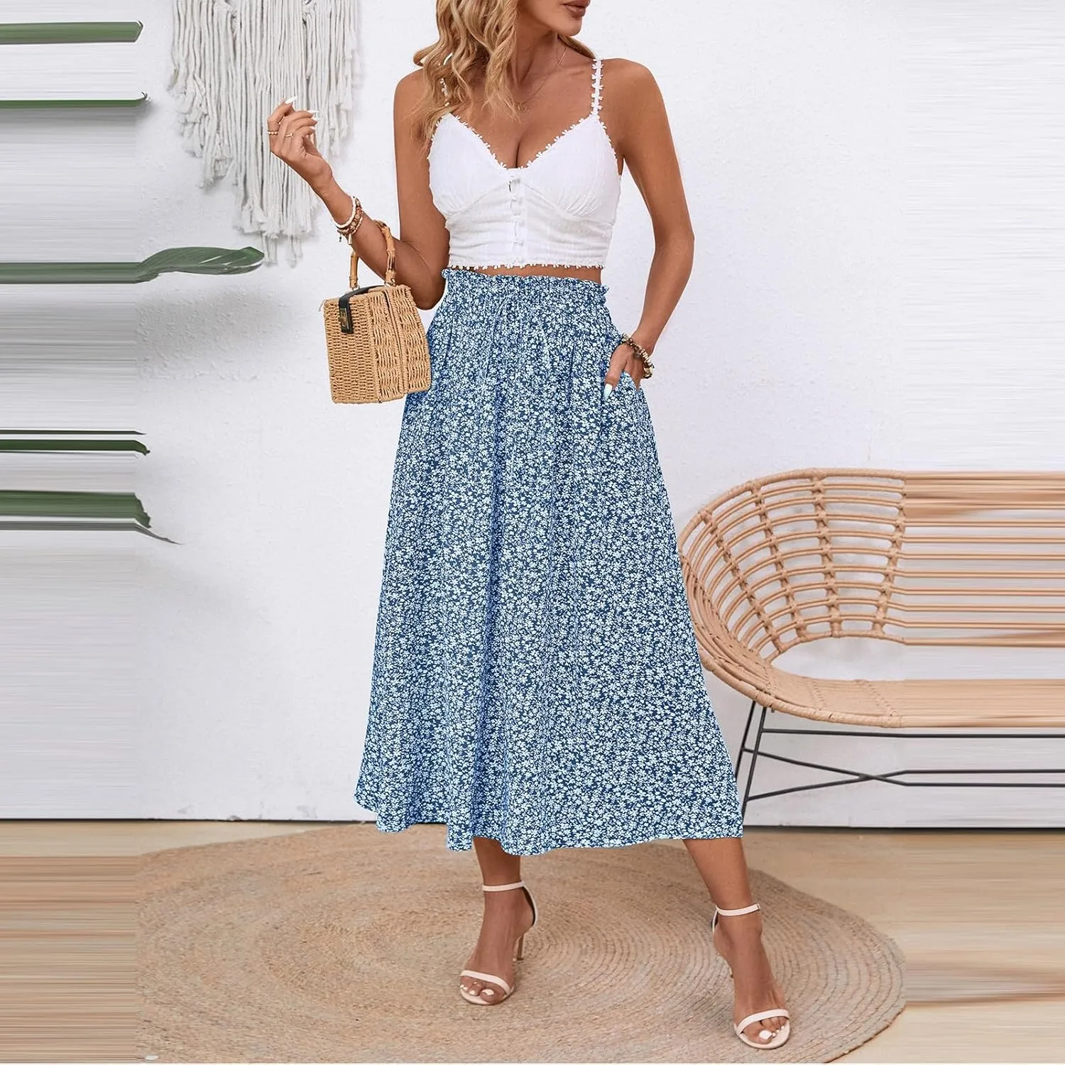 Floral Midi Skirt Boho Flowy Elastic High Waist A Line Skirt Bow Linen Flared Beach Long Skirts for Women with Pockets