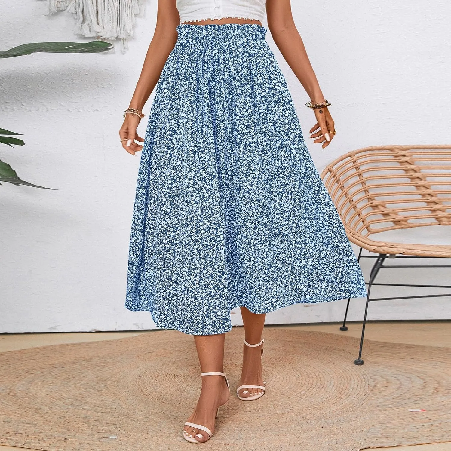 Floral Midi Skirt Boho Flowy Elastic High Waist A Line Skirt Bow Linen Flared Beach Long Skirts for Women with Pockets